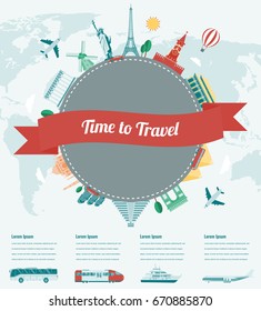 Travel composition with famous world landmarks. Travel and Tourism with transportation infographics. Vector.