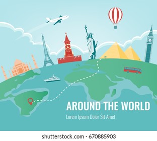 Travel composition with famous world landmarks. Travel and Tourism. Vector