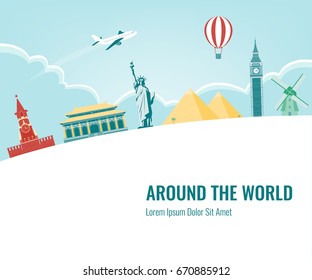 Travel composition with famous world landmarks. Travel and Tourism. Vector