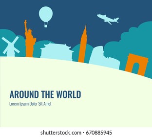 Travel composition with famous world landmarks. Travel and Tourism. Vector