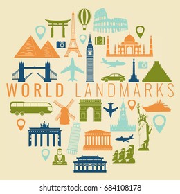 Travel composition with famous world landmarks. Travel and Tourism. Vector illustration