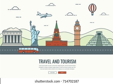 Travel composition with famous world landmarks. Travel and Tourism. Concept website template. Vector 