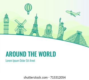 Travel composition with famous world landmarks. Travel and Tourism. Vector  