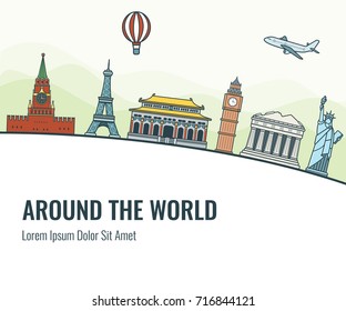 Travel composition with famous world landmarks. Travel and Tourism. Vector illustration 