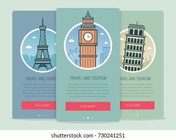 Travel composition with famous world landmarks London, Paris, Pisa. Travel and Tourism. Concept website template. Vector illustration