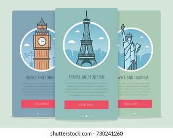 Travel composition with famous world landmarks London, Paris, New York. Travel and Tourism. Concept website template. Vector