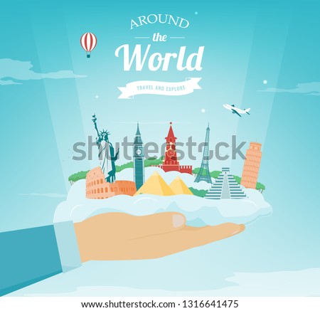 Travel composition with famous world landmarks. Travel and Tourism concept. Vector illustration