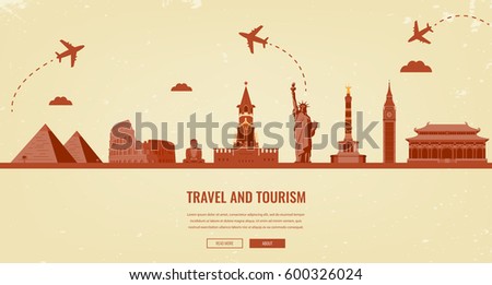 Travel composition with famous world landmarks. Travel and Tourism. Concept website template. Vector illsutration