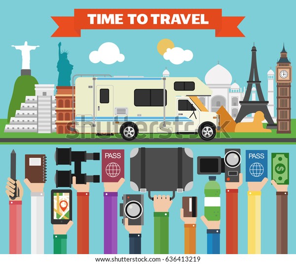 Travel composition\
with famous world modern flat design with camper,trailer.Vector\
illustration