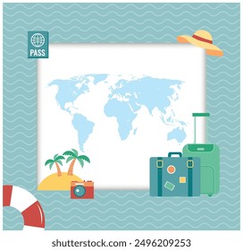 Composición de viaje con iconos de diseño plano. Fondo de verano. Ilustración vectorial