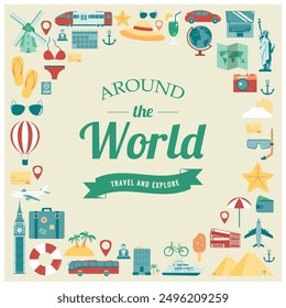 Travel composition with flat design icons. Summer background. Vector illustration