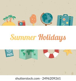 Travel composition with flat design icons. Summer background. Vector illustration