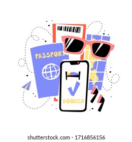 Travel composition with sunglasses, passport, flight ticket, map and mobile phone. Flat cartoon style. You cau use for for road trip, journey, adventure time. Vector illustration on white background