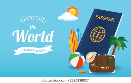 Travel composition with vacation stuff. Vector graphic