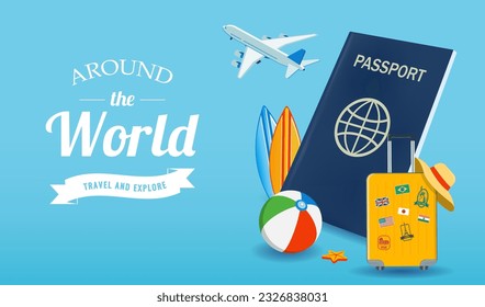 Travel composition with vacation stuff. Vector graphic