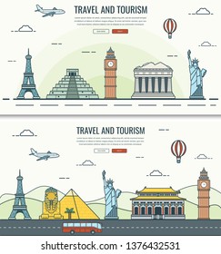 Travel composition with world landmarks and travel equipment. Travel and Tourism. Concept website template. Vector illustration