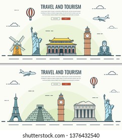 Travel composition with world landmarks and travel equipment. Travel and Tourism. Concept website template. Vector illustration