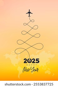 Travel concept 2025. Merry Christmas and Happy New Year, destination with 2025 itinerary. The plane left a trace of the New Year tree. New Years trip logo. Vector illustration.