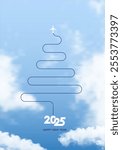 Travel concept 2025. The plane left a trace of the New Year tree. Merry Christmas and Happy New Year, destination with 2025 itinerary. New Years trip logo. Vector illustration.