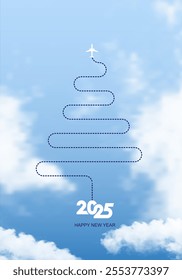 Travel concept 2025. The plane left a trace of the New Year tree. Merry Christmas and Happy New Year, destination with 2025 itinerary. New Years trip logo. Vector illustration.