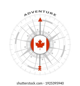 Travel concept. Abstract compass points to the adventure word. Flag of Canada.