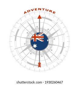 Travel concept. Abstract compass points to the adventure word. Flag of Australia.