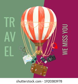 Travel concept adverstisement template ads layout for your design. Air balloon with travel elements. Vector illustration.