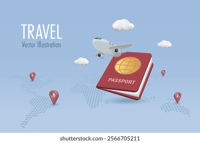 Travel concept. Airplane flying over passport on world map. Reservation flight ticket, traveling by airplane to explore world.