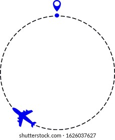 Travel concept. Airplane line path on white background. Vector icon of air plane flight route with dash line trace, start point and transfer point. Vector illustration.
