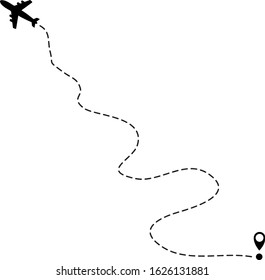 Travel concept. Airplane line path on white background. Vector icon of air plane flight route with dash line trace, start point and transfer point. Vector illustration. 