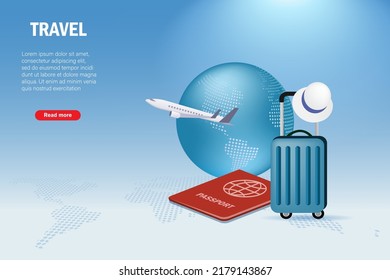 Travel concept. Airplane with passport and luggage on world map. Reservation flight ticket, traveling by airplane to explore world.