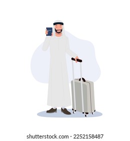 travel concept, At the airport,immigration.  Arab man with luggage on airport is showing his passport. Flat vector illustration