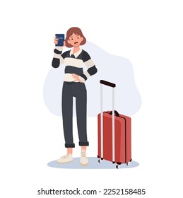 travel concept, At the airport,immigration.  woman with luggage on airport is showing her passport. Flat vector illustration