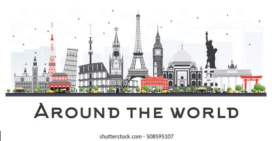 Travel Concept Around the World with Famous International Landmarks. Vector Illustration. Business and Tourism Concept. Image for Presentation, Placard, Banner or Web Site.