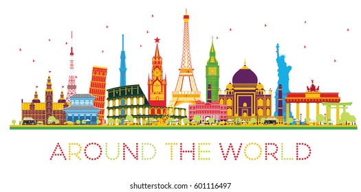 Travel Concept Around the World with Famous International Landmarks. Vector Illustration. Business and Tourism Concept. Image for Presentation, Placard, Banner or Web Site.