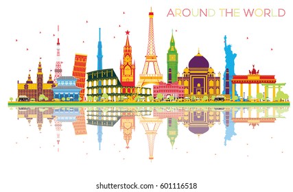 Travel Concept Around the World with Famous International Landmarks and Reflections. Vector Illustration. Business and Tourism Concept. Image for Presentation, Placard, Banner or Web Site.