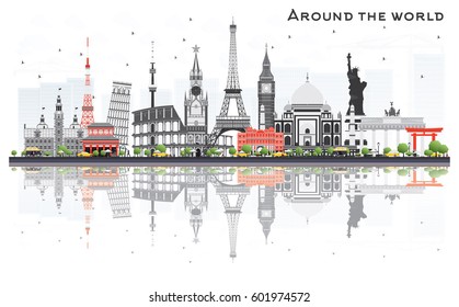 Travel Concept Around the World with Famous International Landmarks. Vector Illustration. Business and Tourism Concept. Image for Presentation, Placard, Banner or Web Site.