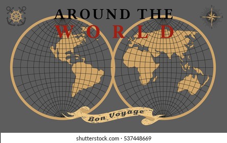 Travel concept. Around the world ship cruise. Ribbon have nice trip - Bon voyage in French letters. Freehand cartoon retro style. Tourist vessel tour vacation. Vintage banner background