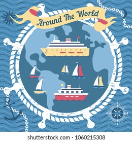 Travel concept. Around the world travelling in ship cruise. Freehand cartoon style. Ocean vessel sail boat touring vacation. Tourist tour advertisement template. Vector tripping banner background