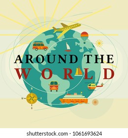 Travel concept. Around the world travelling by airplane, vessel, offroad vehical. Flat retro color. Transport icons collection. Tourist tour advertisement template. Vector tripping banner background