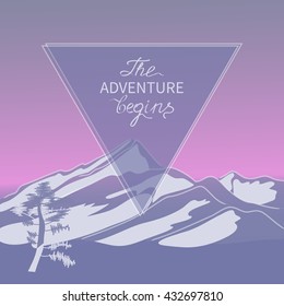Travel concept background - stylized flat illustration showing an alpine mountain Landscape with hand drawn unique typography The Adventure begins