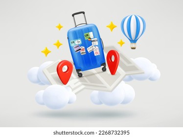 Travel concept with travel bag, map and pins. 3d vector illustration
