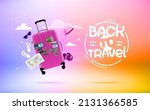 Travel concept with bag and sunglasses, hat, map, slippers, camera. Back to travel concept. 3d vector banner with label