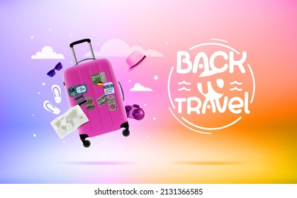 Travel concept with bag and sunglasses, hat, map, slippers, camera. Back to travel concept. 3d vector banner with label