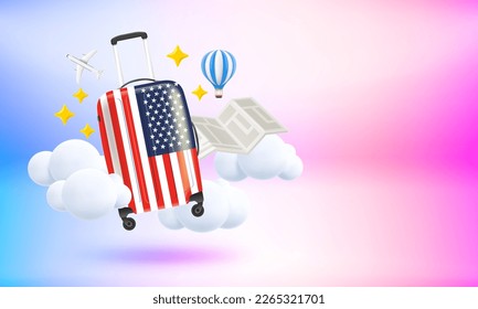 Reisekonzept mit Reisetasche mit US-Flagge. 3D-Vektorbanner mit Kopienraum