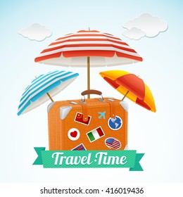 Travel Concept Banner Card with Suitcase. Vector illustration