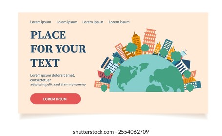 Travel concept banner. Planet Earth with sights on it. Vector illustration in flat style.