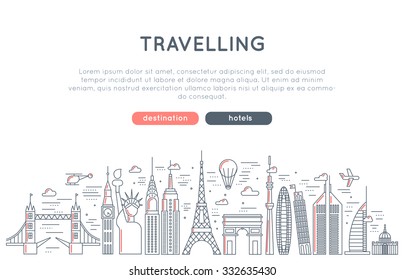 Travel Concept Banner Vector. In Modern Line Style. For Business And Advertisement Web Sites. App And Web Design Elements  