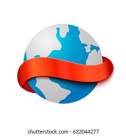 Travel concept. Big Earth globe with curve red ribbon and space for text. Realistic vector illustration for travel design. 
