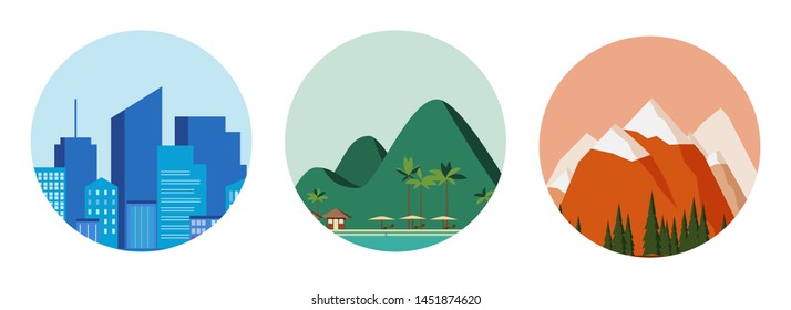 Travel concept - blue city, green beach and red mountains. Applicable as background or icons for travel design. Three detailed icons. Vector illustration.